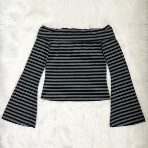 SHEIN Black & Gray Striped Off The Shoulder Long Sleeve Top